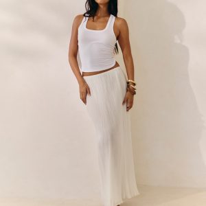 White Sheer Plisse Scalloped Hem Maxi Skirt