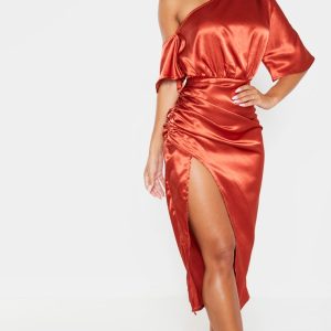 Rust Satin One Shoulder Ruched Skirt Midi Dress