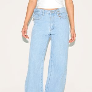 Light Blue Foldover Waist Detail Wide Leg Jean