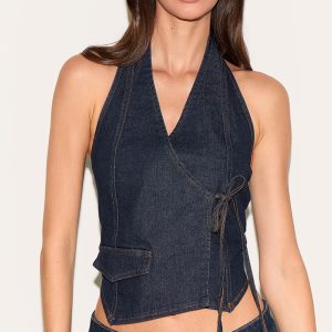Indigo Halter Neck Wrap Front Denim Waistcoat
