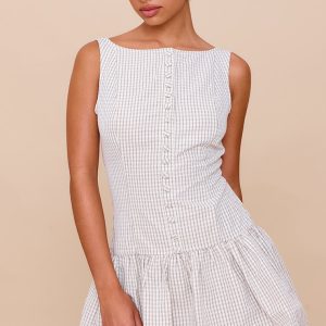 Taupe Checked Scoop Back Button Down Shift Dress