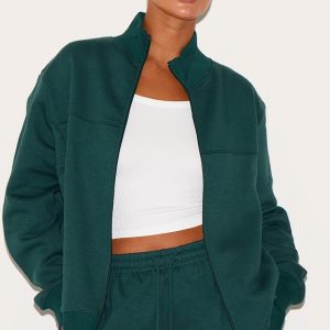 Plus Forest Green Seam Detail Zip Through Oversized Track Top