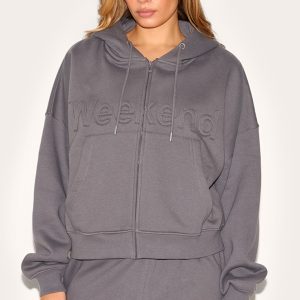 Charcoal Washed Weekend Applique Zip Up Hoodie