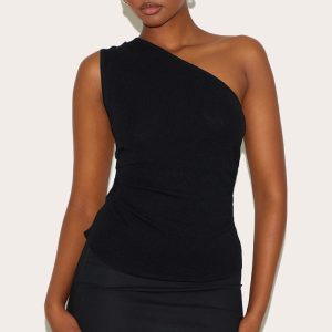 Black Fine Knit One Shoulder Ruched Side Top