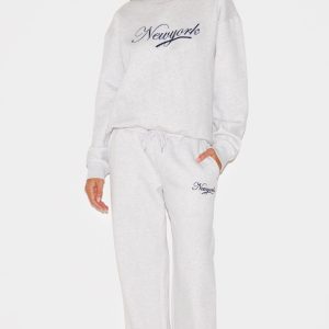 Ash Grey New York Embroidered Wide Leg Joggers