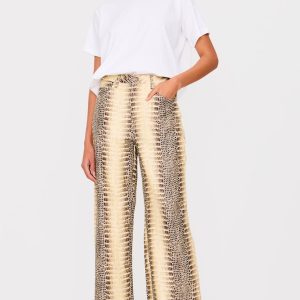 Brown Denim Low Waist Snake Print Wide Leg Jeans