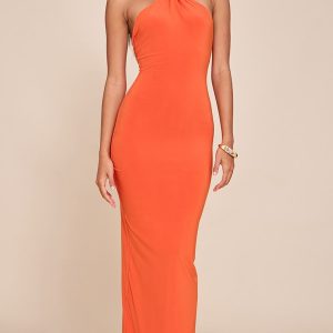 Burnt Orange Slinky Bead Detail Halter Maxi Dress
