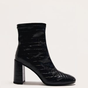 Black Croc Pu Round Toe Heeled Ankle Sock Boots