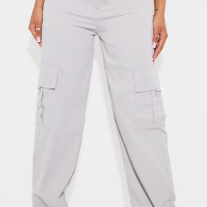 PRETTYLITTLETHING Shape Light Grey Buckle Detail Cargo Wide Leg Trousers