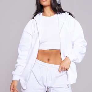 White Oversized Zip Up Plain Front Hoodie