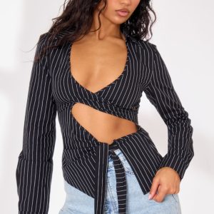 Black Pinstripe Tie Front Cut Out Shirt
