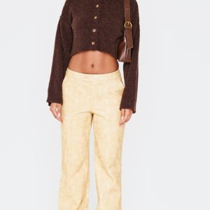 Premium Mustard Washed Faux Leather Pintuck Detail Straight Leg Trousers