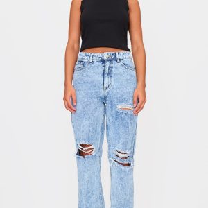 PRETTYLITTLETHING Acid Wash Ripped Long Leg Straight Jeans