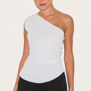 White Fine Knit One Shoulder Ruched Side Top