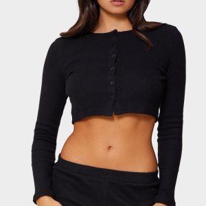 Black Brushed Rib Button Front Cardigan