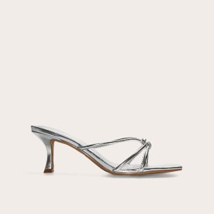 Silver Wide Fit Pu Square Toe Knotted Heel Mules
