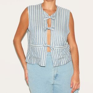 Plus Light Blue Stripe Tie Front Waistcoat