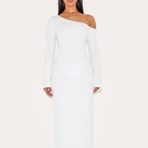 Petite Cream Asymmetric Ribbed Maxi Dress