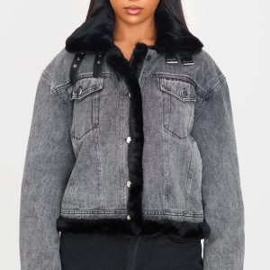 Grey Soft Faux Fur Aviator Style Denim Jacket