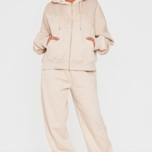 Beige Washed Weekend Applique Thin Waistband Cuffed Joggers