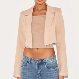 Stone Basic Woven Seam Detail Cropped Blazer