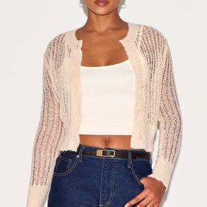 Oatmeal Ladder Knit Sheer Button Up Cardigan