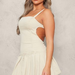 Washed Stone Cut Out Side Pleated Denim Mini Dress