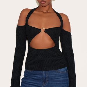 Black Bardot Halterneck Gold Trim Cross Stitch Knitted Top