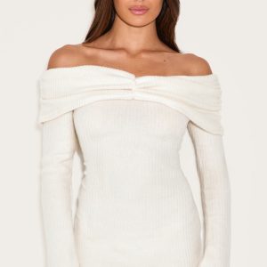 Cream Brushed Rib Bardot Long Sleeve Bodycon Dress
