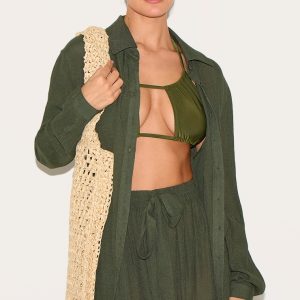 Khaki Green Linen Look Oversized Beach Shirt
