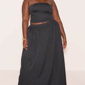 Plus Black Woven Band Detail Pleated Maxi Skirt