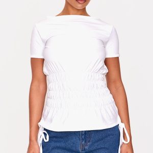 White Shirred Cap Sleeve T-shirt