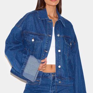 Mid Blue Wash Contrast Stitch Turn Up Cuff Oversized Denim Jacket