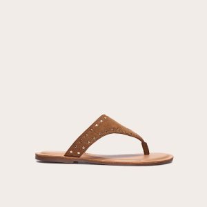 Tan Faux Suede Stud Detail Toe Thong Flat Sandals