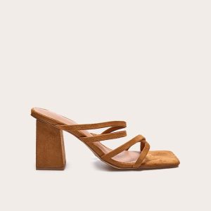 Tan Faux Suede Square Toe Strappy Block Heel Mules