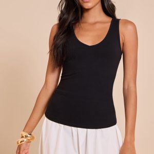 Black Soft Cotton V Neck Vest Top