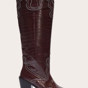 Burgundy Croc Pu Point Toe Western Stitch Knee High Block Heeled Boots