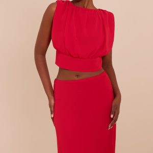 Tomato Red Chiffon Ruched Crop Top