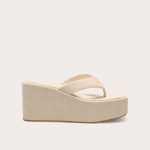 Natural Linen Square Toe Thong Flatform Wedge Sandals