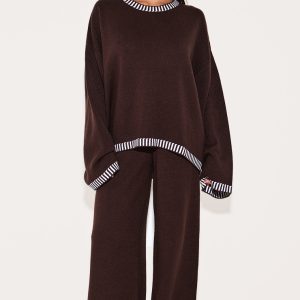 Chocolate Contrast Stitch Detail Knit Drawstring Waist Trousers
