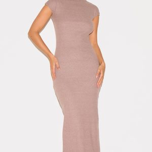Mushroom Heavy Brushed Rib High Neck Cap Sleeve Maxi Dress
