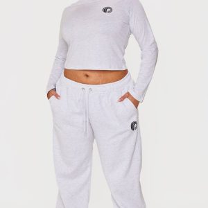 PRETTYLITTLETHING Plus Ash Grey Printed Wide Leg Joggers