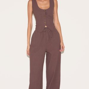 Dark Brown Linen Look Tailored Draw String Wide Leg Trouser