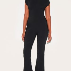 Black Stretch Woven Corset Detail Cap Sleeve Flared Jumpsuit