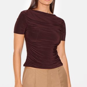 Chocolate Ruched Detail Slinky Long Top