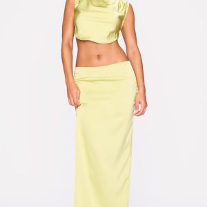 Chartreuse Satin Mid Rise Maxi Skirt