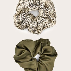 Olive Knitted & Satin Oversized Scrunchie 2 Pack