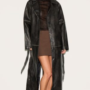 Black Distressed Faux Leather Seam Detail Trench Coat