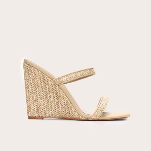 Raffia Square Toe High Heeled Mule Wedges