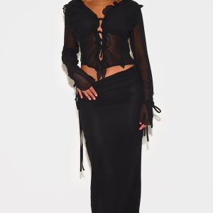 Black Ruched Chiffon Maxi Skirt